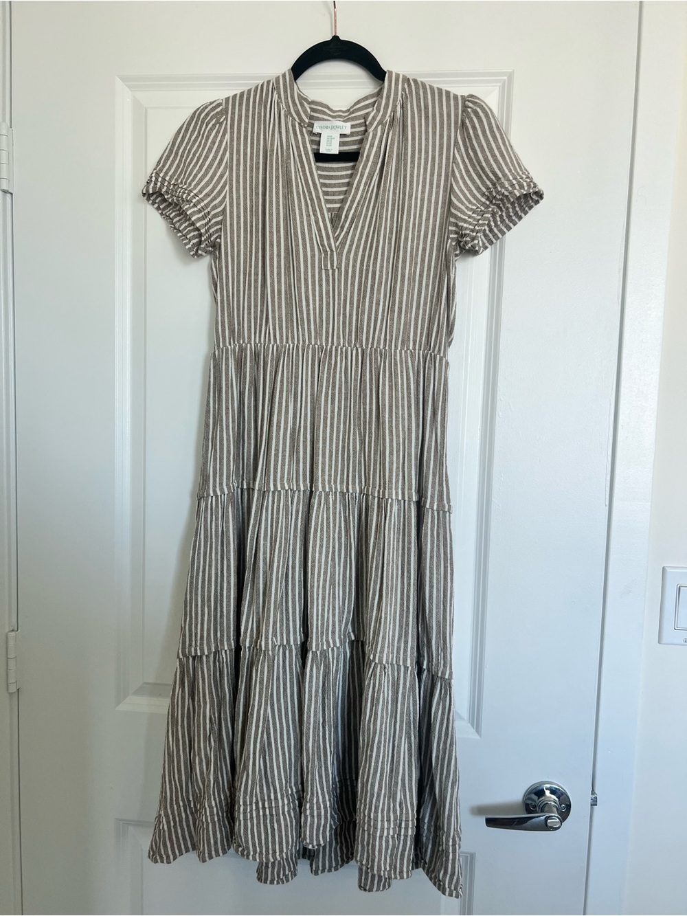 Cynthia Rowley Taupe & White Striped Tiered Maxi Dress